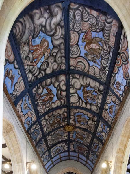 Nave,Roof,Jacobean Paintings,Bare-breasted Angels,St Peter and St Paul,Church,Muchelney,Langport